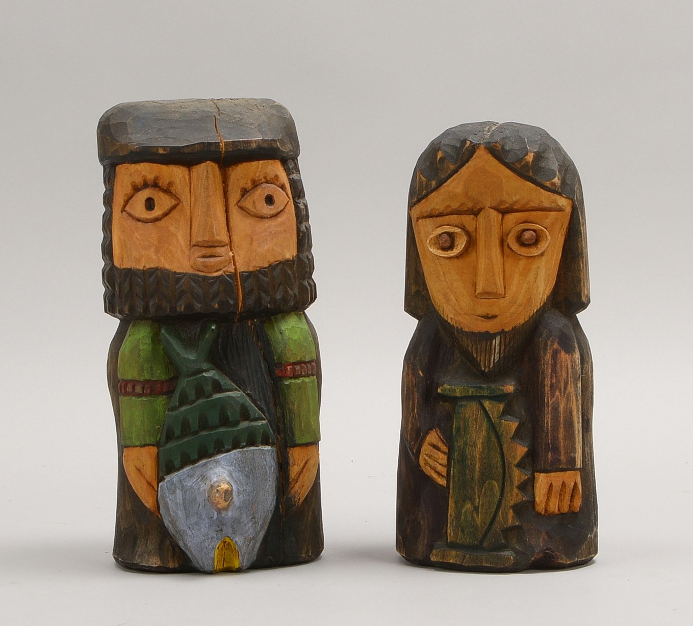 Zegadlo, H., 2 Holzskulptuten, 'Fischer', und 'Tischler', teils farb. gef.; Höhe 25,5 cm/27 cm