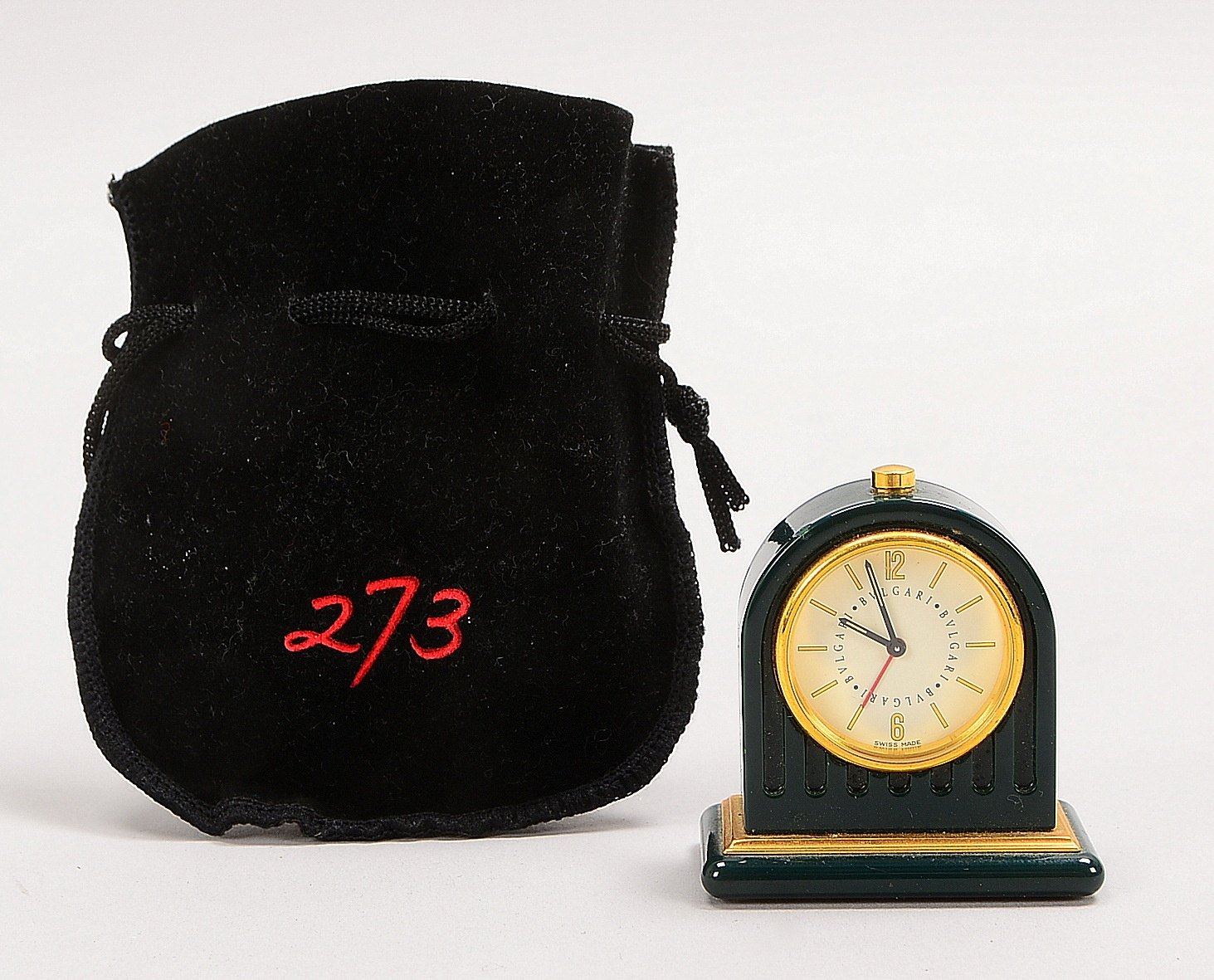 Bulgari (Schweiz), Miniatur-Uhr, Geh. 'racing green'/partiell verg., im orig. Beutel; Höhe 4,5 cm