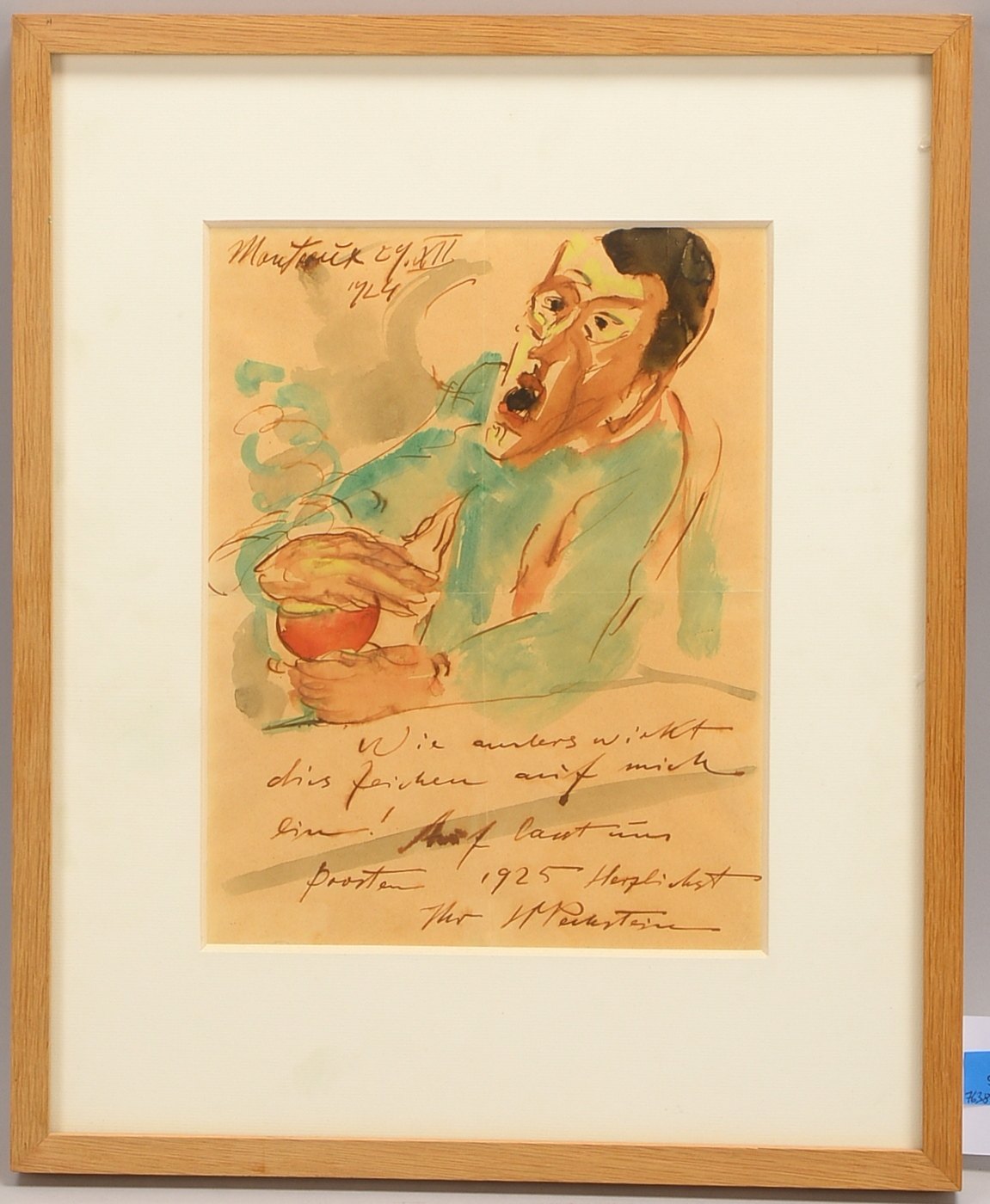 Pechstein, Max (1881 Zwickau - 1955 Berlin), 'Selbstbildnis mit Punschglas' - mit Grußwort