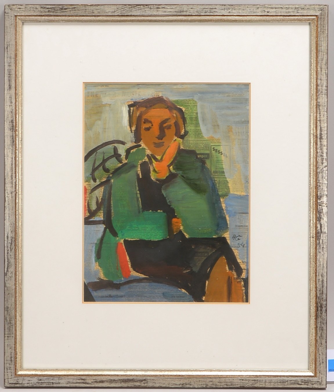 Monogrammist HG, 'Sitzende Dame', Gouache/Zeitungspapier, monogr./dat., hinter Glas