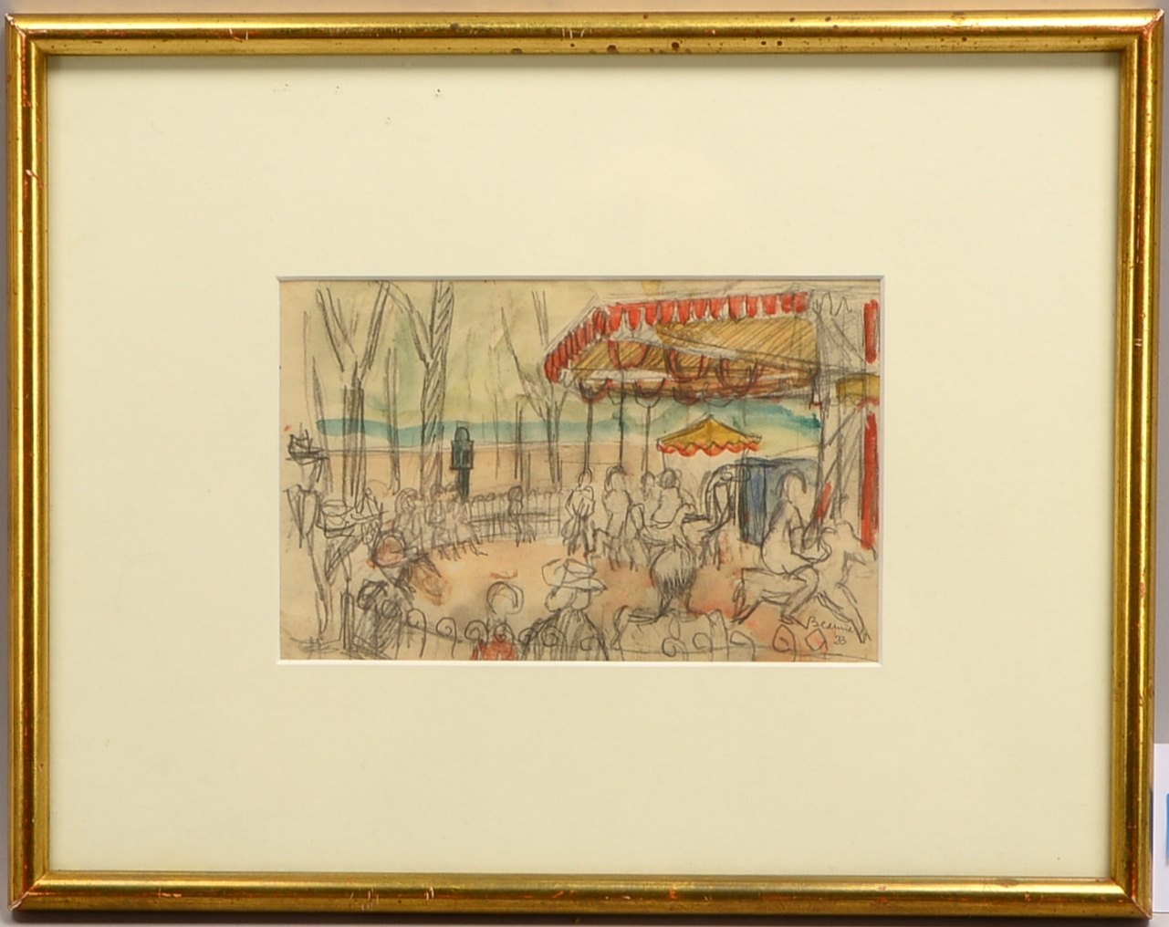 Beaune (?, französische Schule), 'Zirkus', Bleistiftzeichnung/teils aquarelliert, signiert