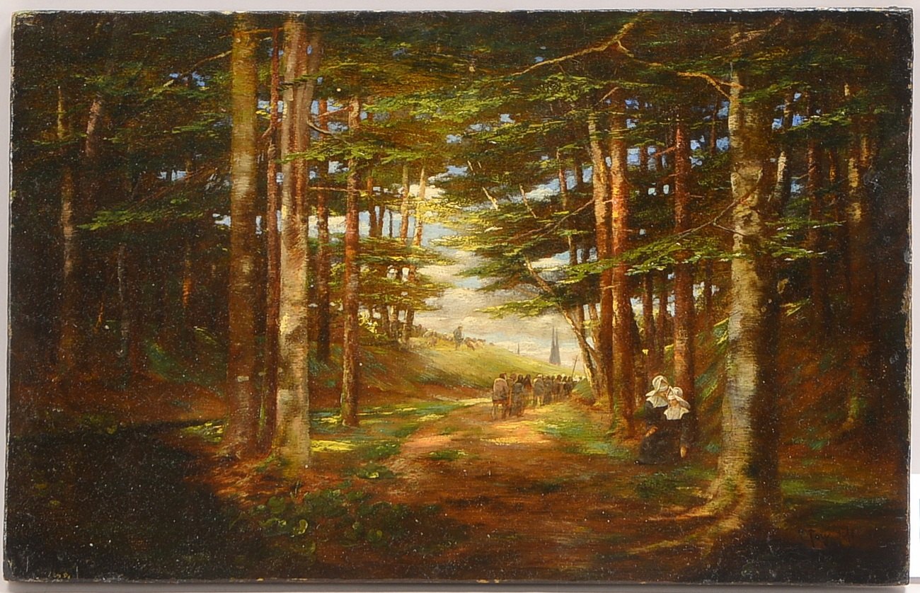 Fey, Carl (1867 - 1939, Düsseldorf), 'Prozession durch den Wald', Öl/Mk, signiert