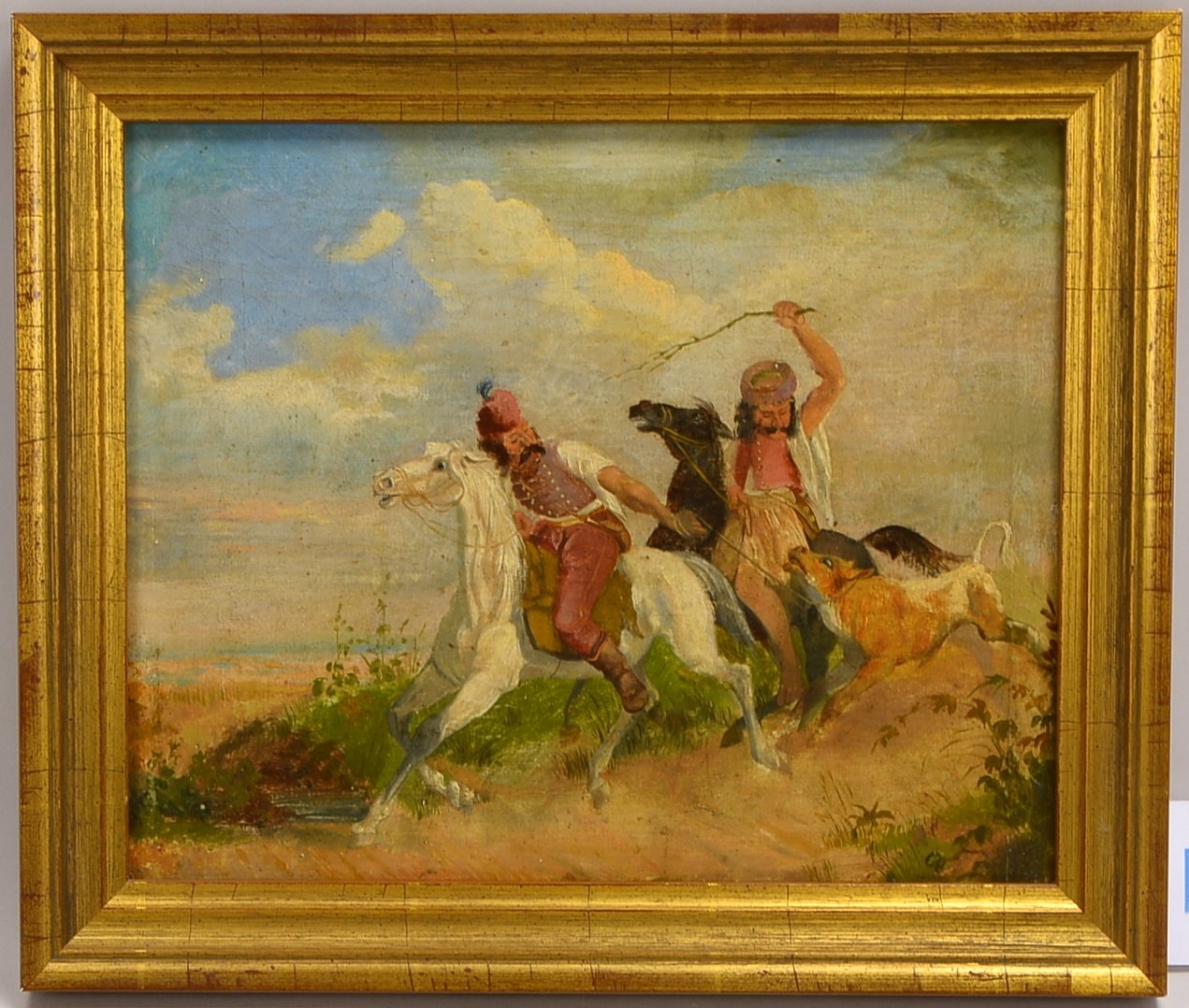 Gemälde, 'Puszta - ein Kalb treibende Hirten', Öl/Lw, auf Platte aufgezogen/gerahmt