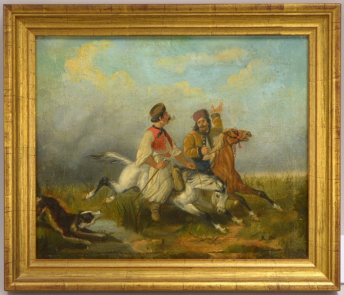 Gemälde, 'Puszta - Hirten mit Hund', Öl/Lw, auf Platte aufgezogen/gerahmt, unsigniert