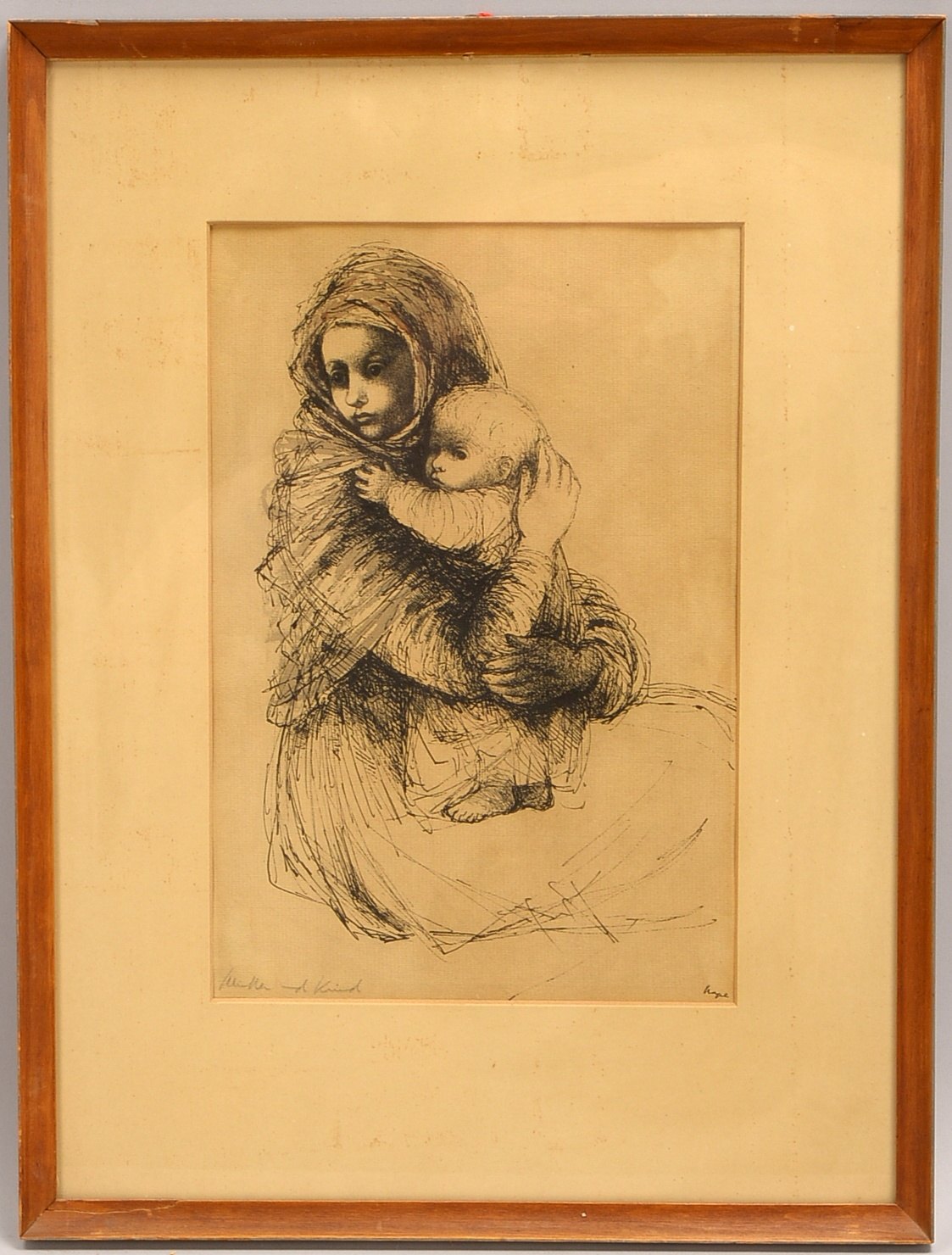 Nagel, Hanna (1907 - 1975, Heidelberg), 'Mutter mit Kind', Federzeichnung, signiert