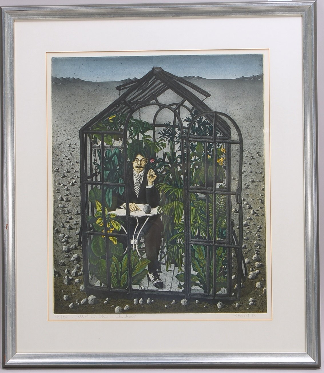 Kressel, Dieter (1925 - 2015), 'Selbst mit Stein im Glashaus', Farbradierung, '114/150'