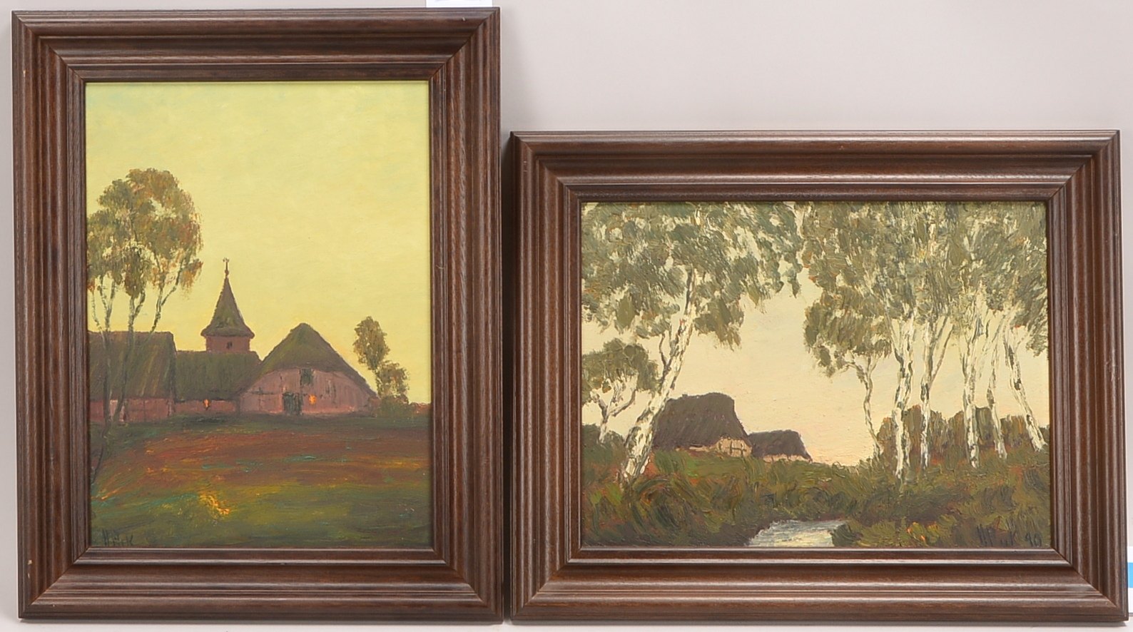 Pick, Hans (1931 Düren - 2014 Bremen), 'Dorfkirche', und 'Birken am Moorgraben', Öl/Hf