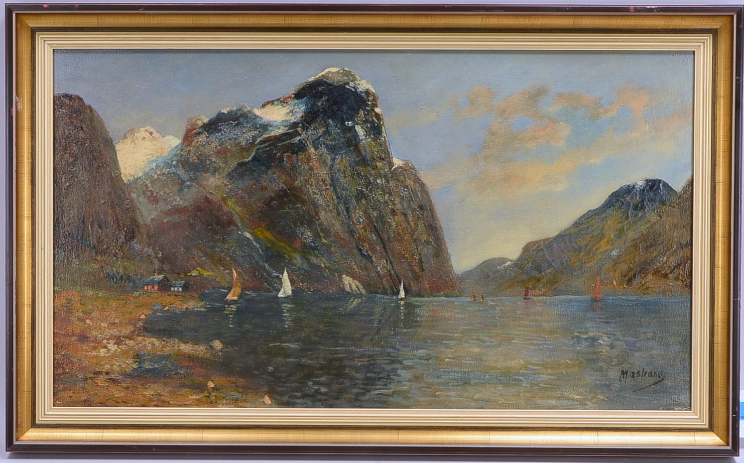 Gemälde, 'Fjordlandschaft mit Segelbooten', Öl/Lw, bezeichnet 'Marstrand'