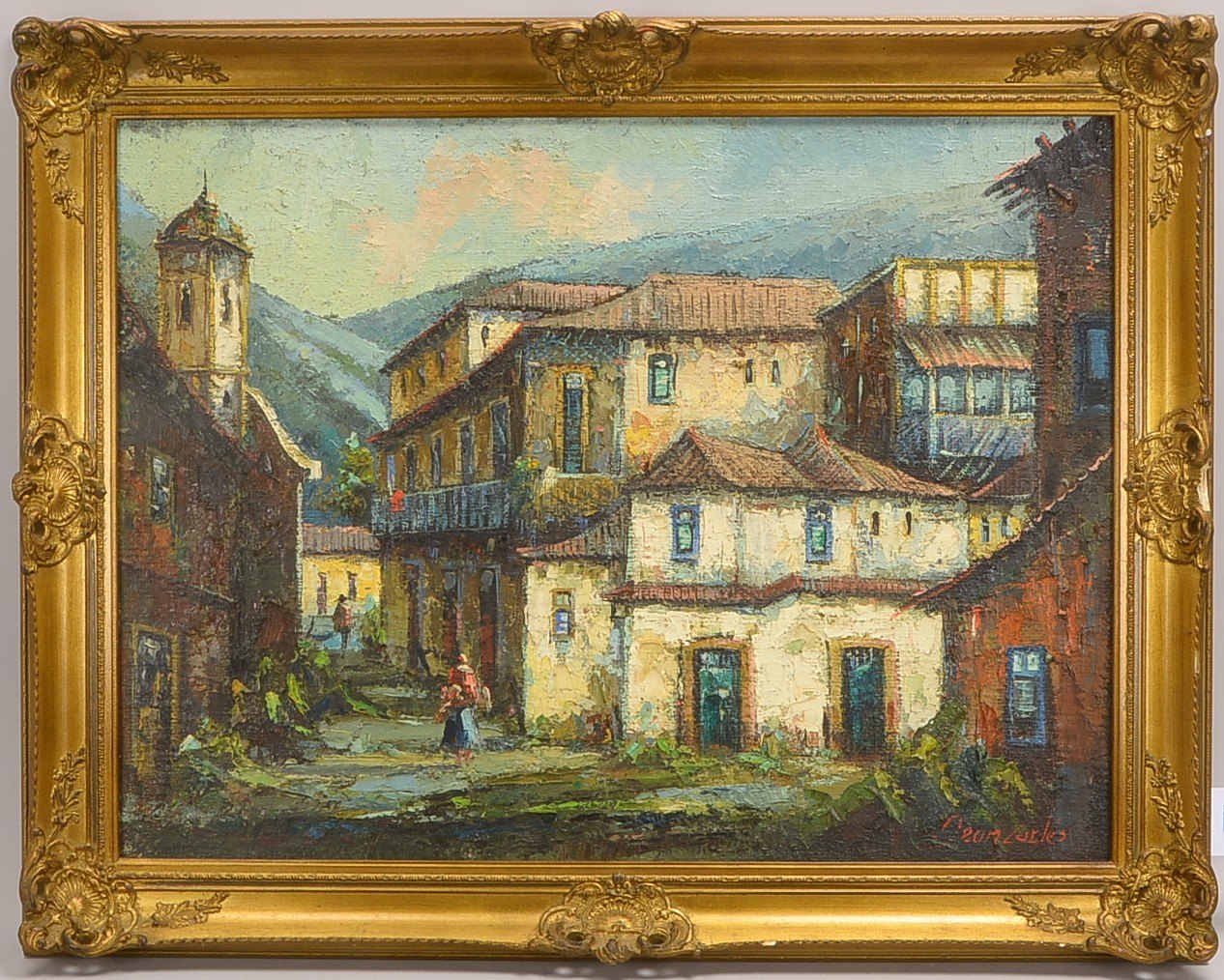 Gemälde, 'Bergdorf', Öl/Lw, unten rechts (unleserlich) signiert; Rahmenmaße 74 x 94 cm