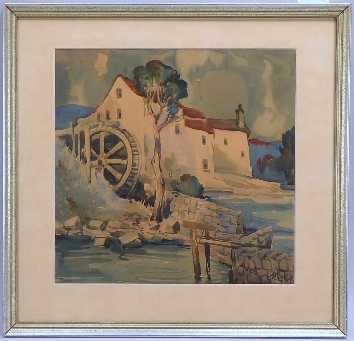 Aquarell, 'Wassermühle', unten rechts signiert, unter Passepartout hinter Glas