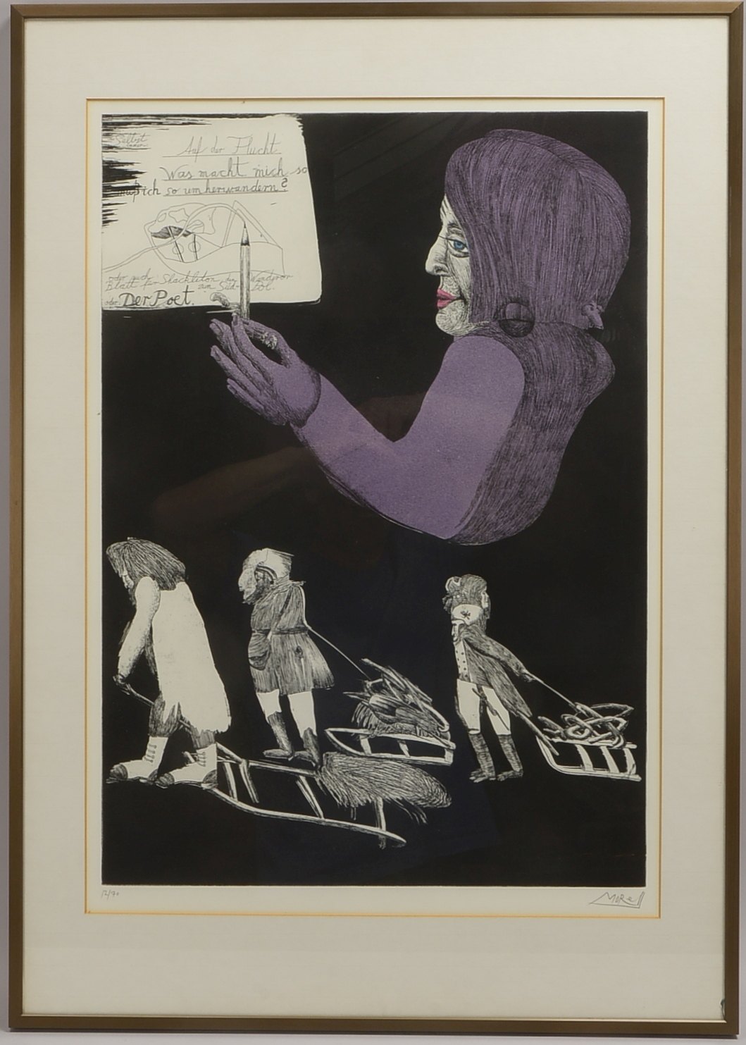 Morell, Pit (*1939 Kassel), 'Auf der Flucht', Farbradierung, Auflage-Nr. '12/70'