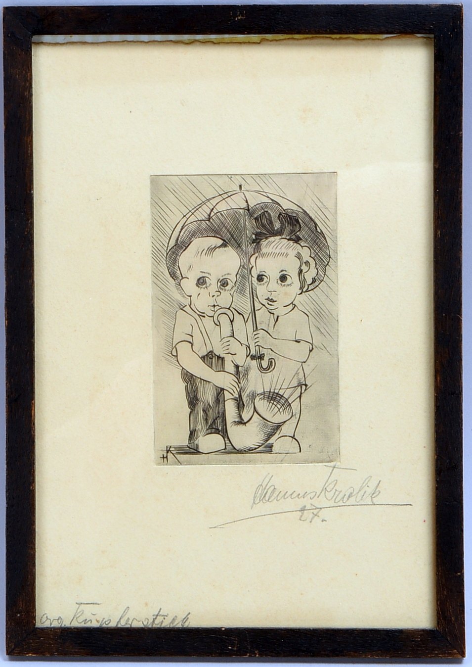 Kralik, Hanns (1900 Neufeld - 1971 Ddf.), 'Schutz vor dem Regen', Kupferstich