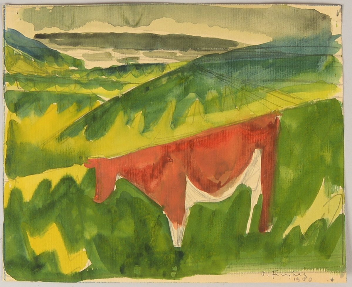 Freytag, Otto (1888 Duisburg - 1980 Berlin), 'Kuh in Landschaft', Aquarell/Bleistift