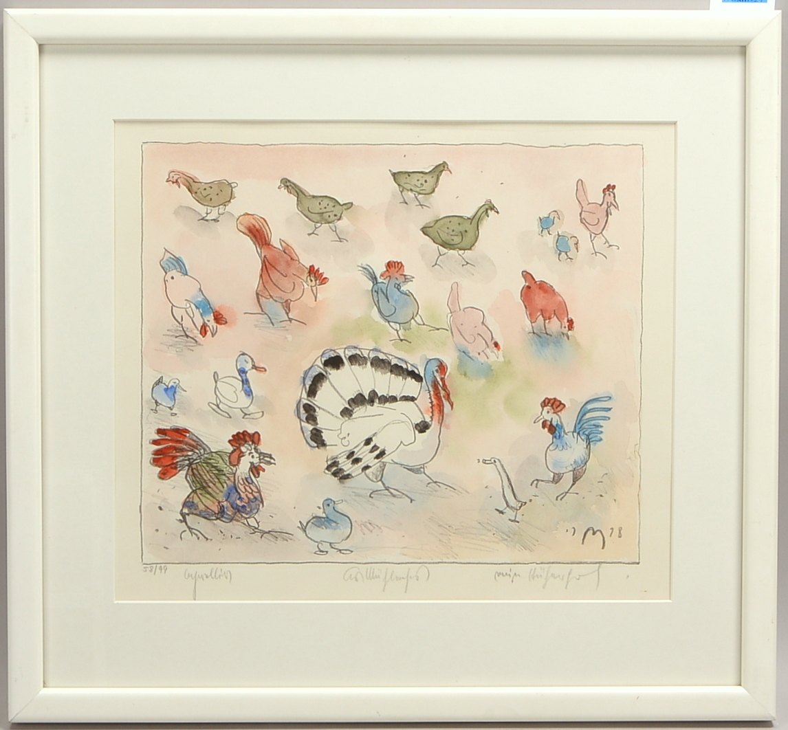 Mühlenhaupt, Kurt (1921 Klein Ziescht - 2006 Zehdenick), 'Mein Hühnerhof', Lithografie