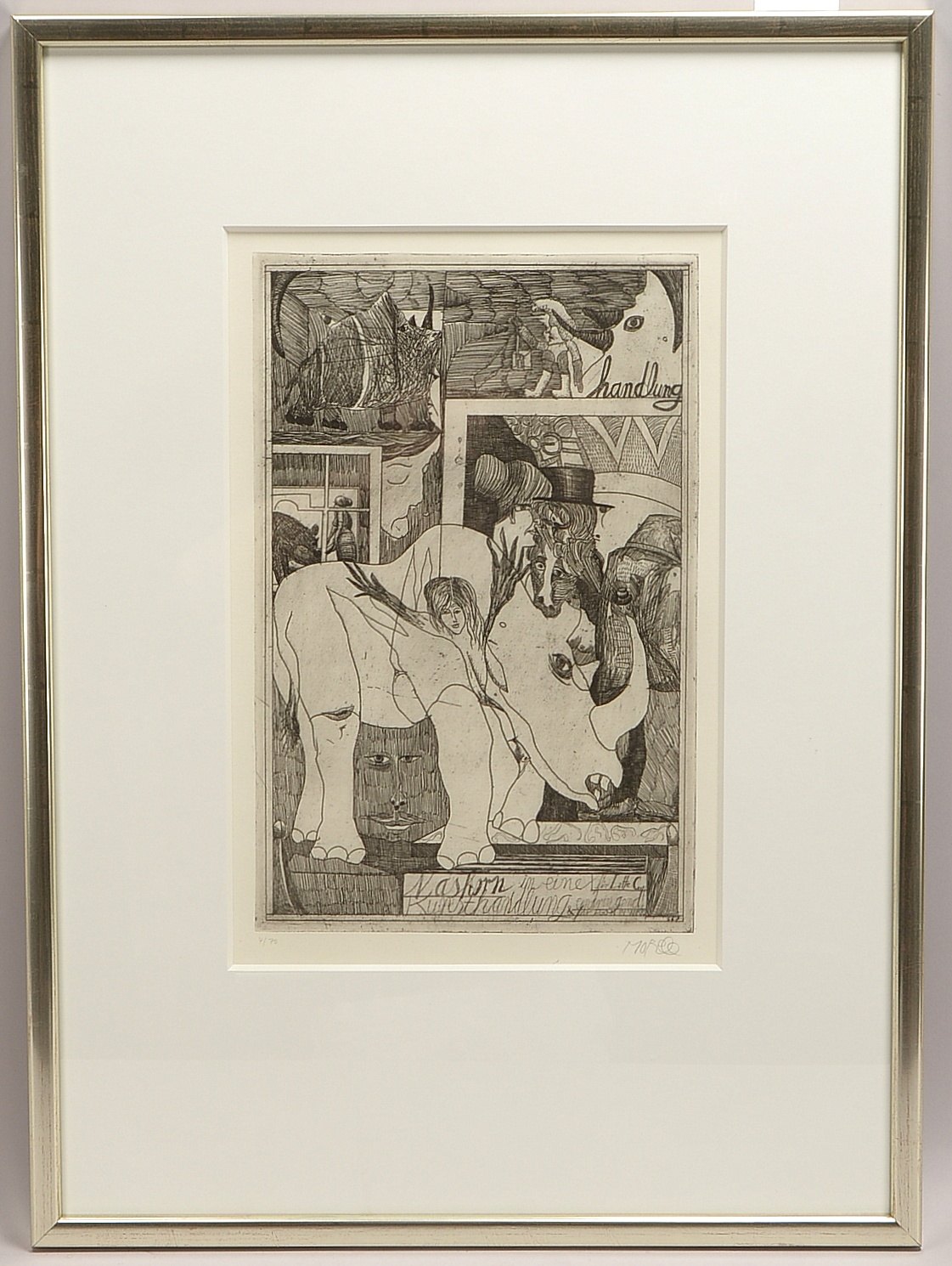 Morell, Pit (*1939 Kassel), 'Nashorn in einer Kunsthandlung', Radierung, Aufl. '4/70'