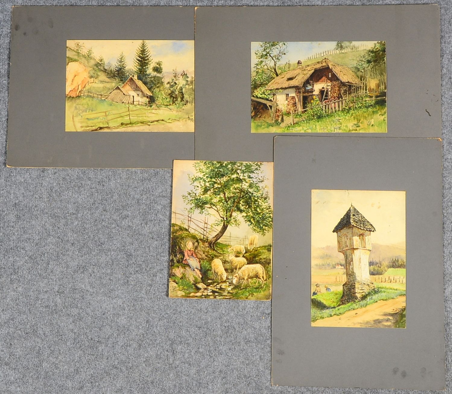 Spielter, C.J., 4 Aquarelle/Tuschebilder, 'Landschaftsidyllen', auf Papier/3x auf Karton, unsign.