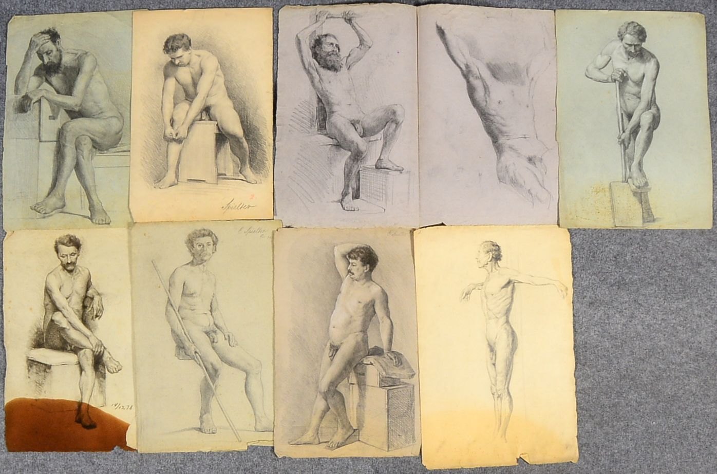 Spielter, C.J., 8 Zeichn./Studien, 'Männerakte', Bleistift/Graphit, teils sign./dat.