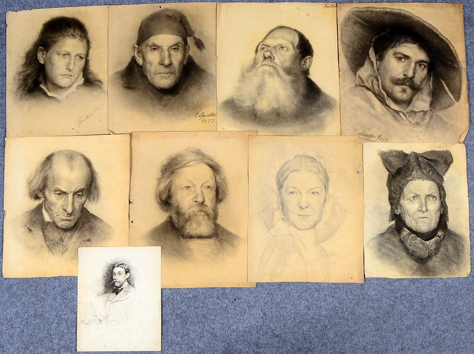 Spielter, C.J., 9 Zeichn./Studien, 'Portraits', Bleistift/Graphit, teils sign./dat.
