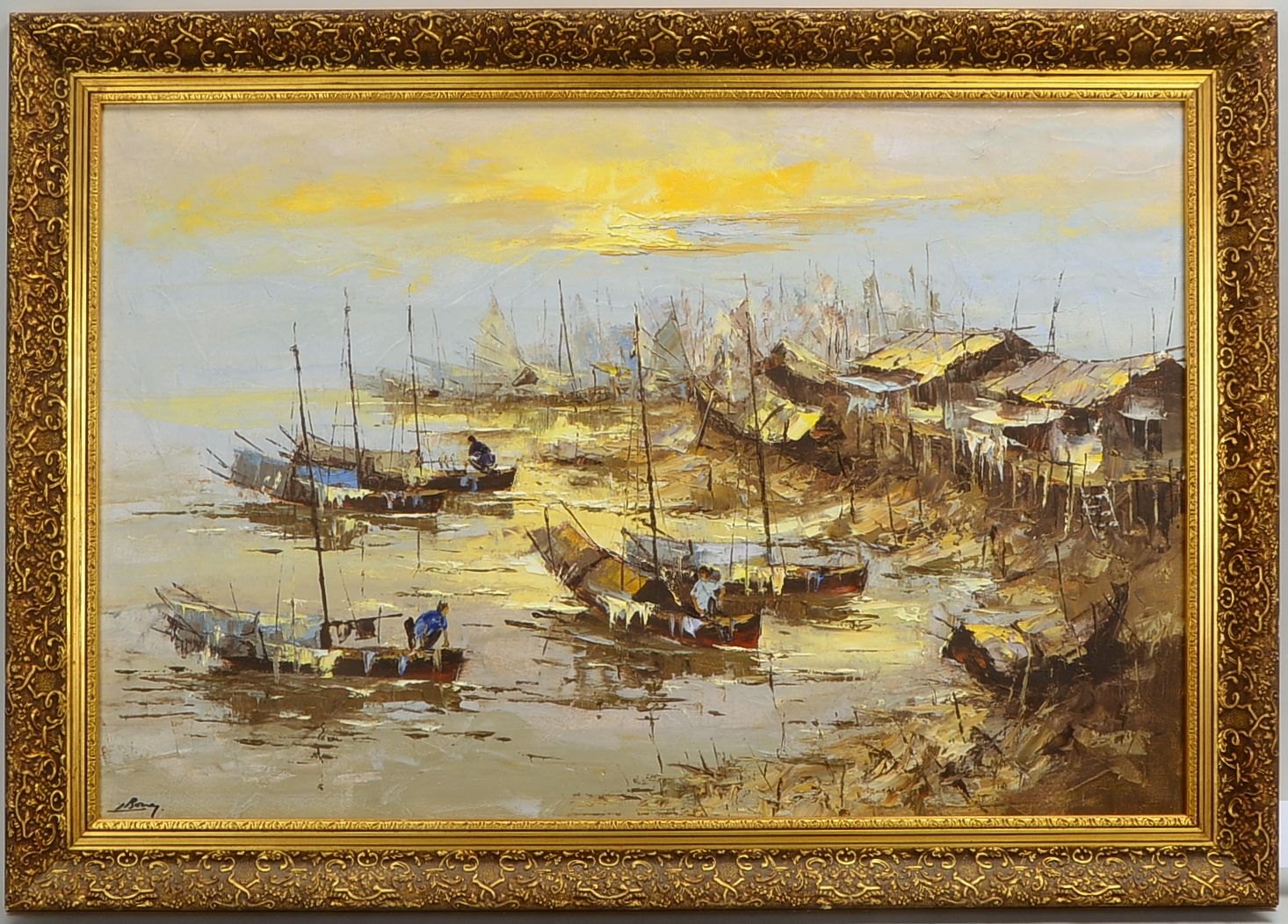 Gemälde, 'Asiat. Fischerdorf', Öl/Lw, auf Hf, unten li. sign.; Rahmenmaße 73 x 103 cm