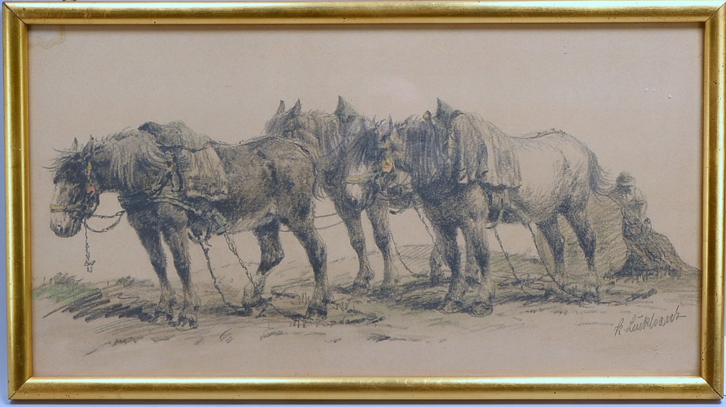 Luckhardt, Karl, 'Pferdepflug', Bleistift, signiert, hinter Glas; Blattmaße 49 x 40 cm
