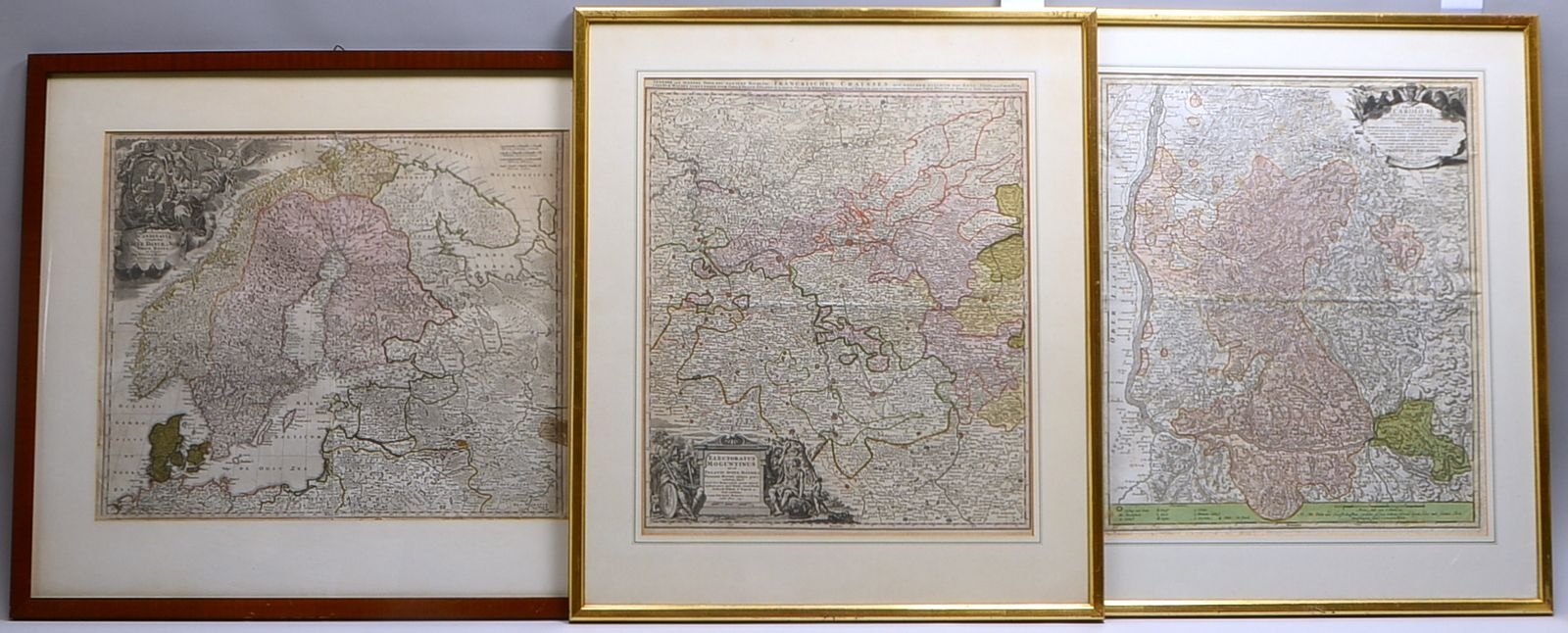 Homann, J.B., 3 Landkarten, Kupferst.: 'Scandinavian', 'Bresgau', 'Mainz', hinter Glas