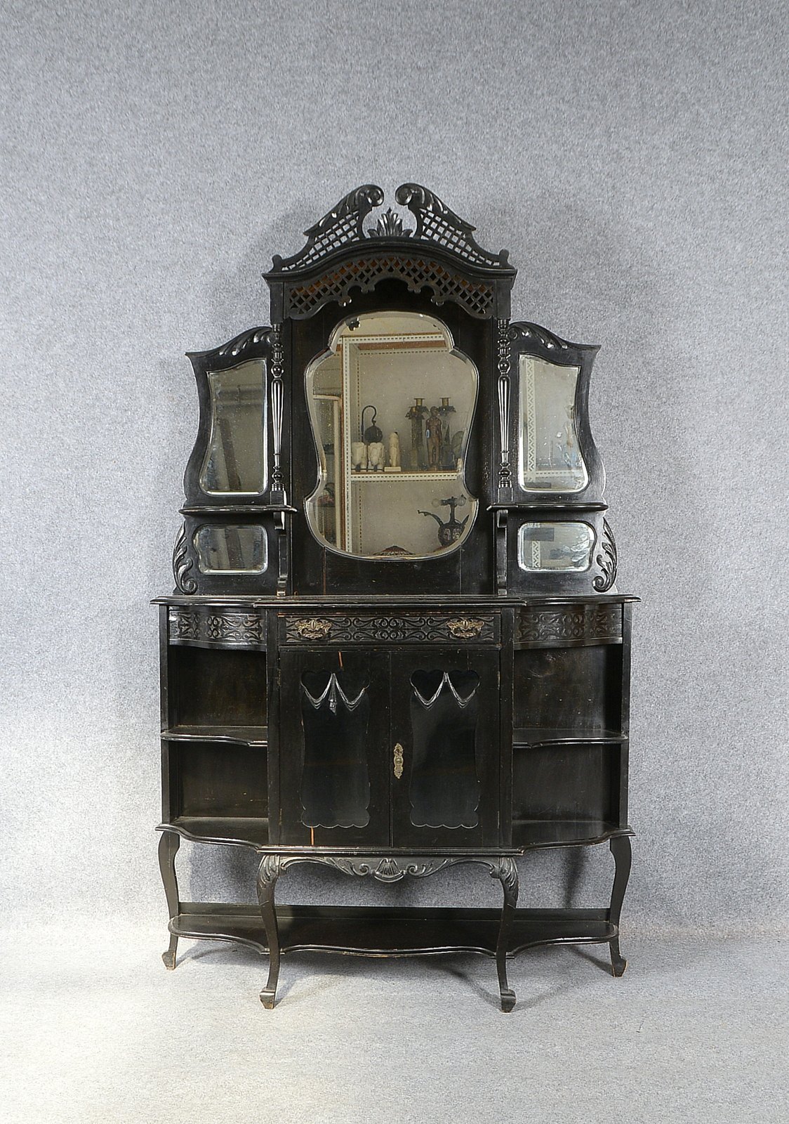 Spiegel-Vertiko (um 1900), Holz ebonisiert, Vitrinenschrank 2-türig/verglast