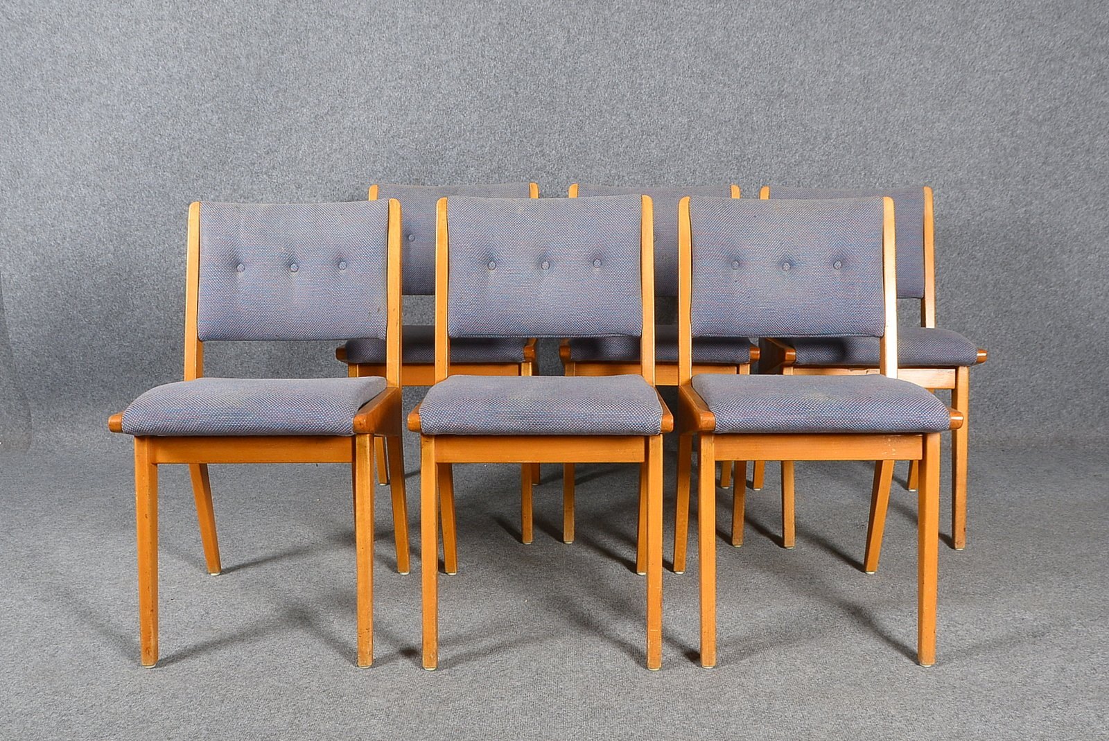 Knoll International, 6 Stühle, '666 USP', Buche massiv, blau melierter Stoffbezug