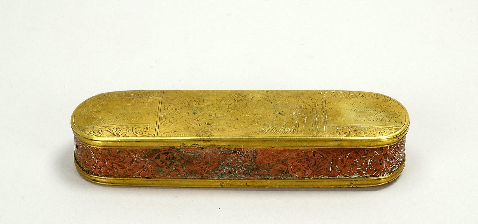 Tabatière/Tabakdose (Holland, um 1750), Messing/Kupfer, feine Ziselierung, scharn. Deckel