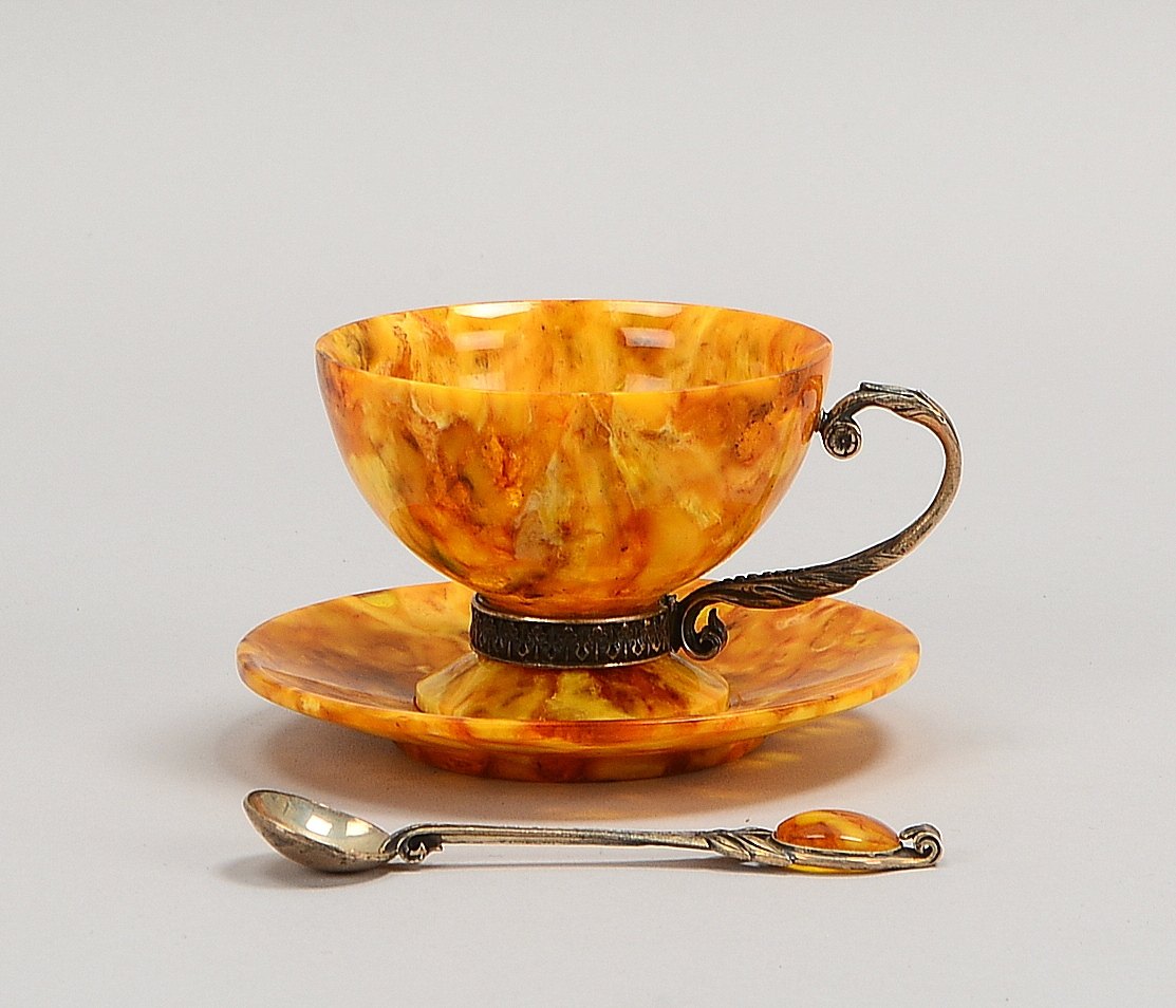 Bernstein-Tasse mit 925 Silber-Montierung, mit Silberlöffel/Bernsteinbesatz