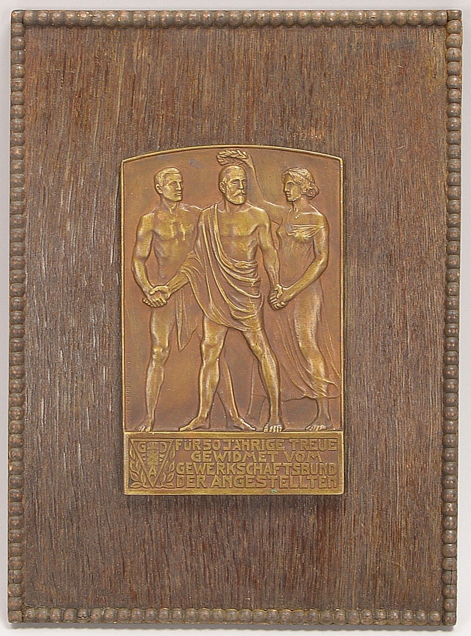 Jubiläumsplakette, Bronzerelief, mit Widmung 'Gewerkschaftsbund der Angestellten'