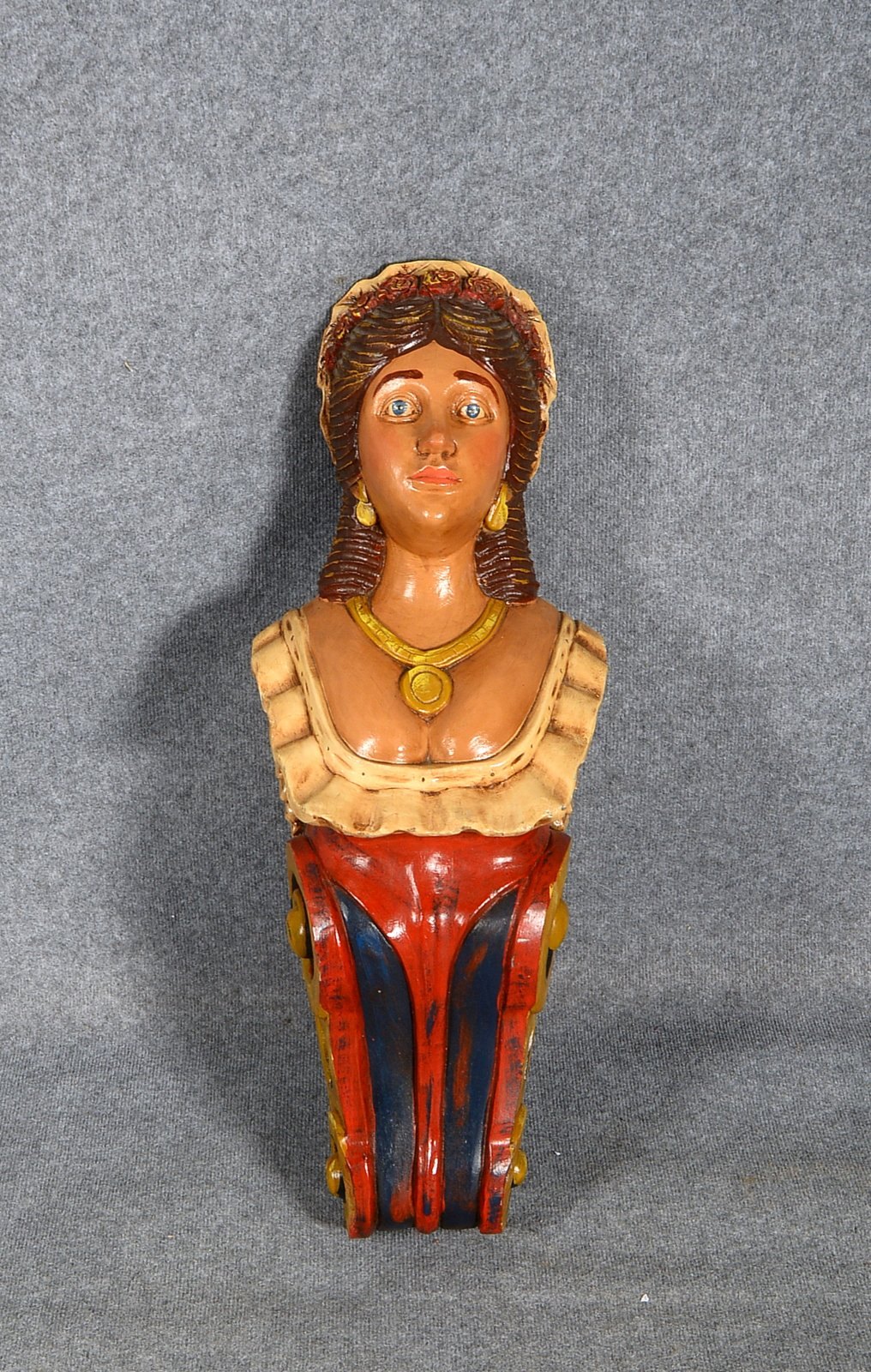 Galionsfigur, stehende weibliche Halbfigur - ohne Arme, Holz farbig gefasst