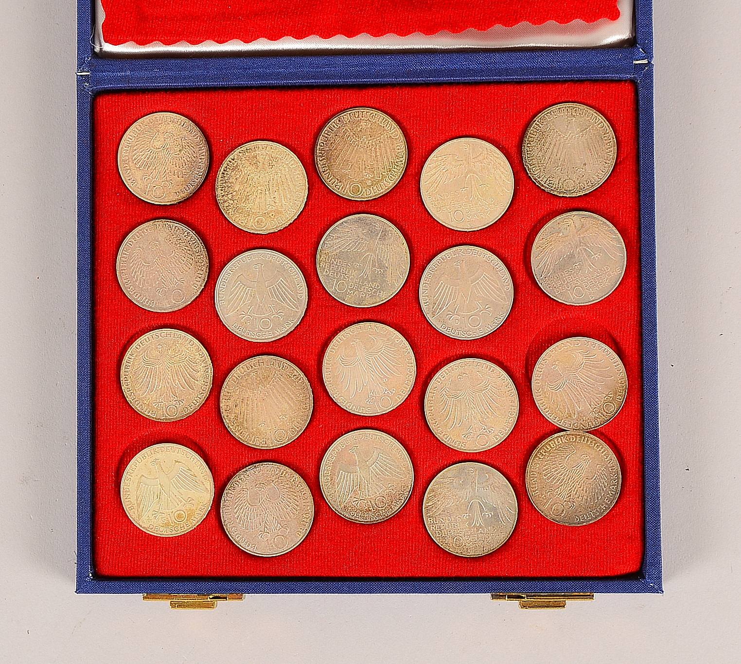 Satz Silbermünzen (Olympiade 1972 in München), '10 DM', 20 Stück, in Schatulle