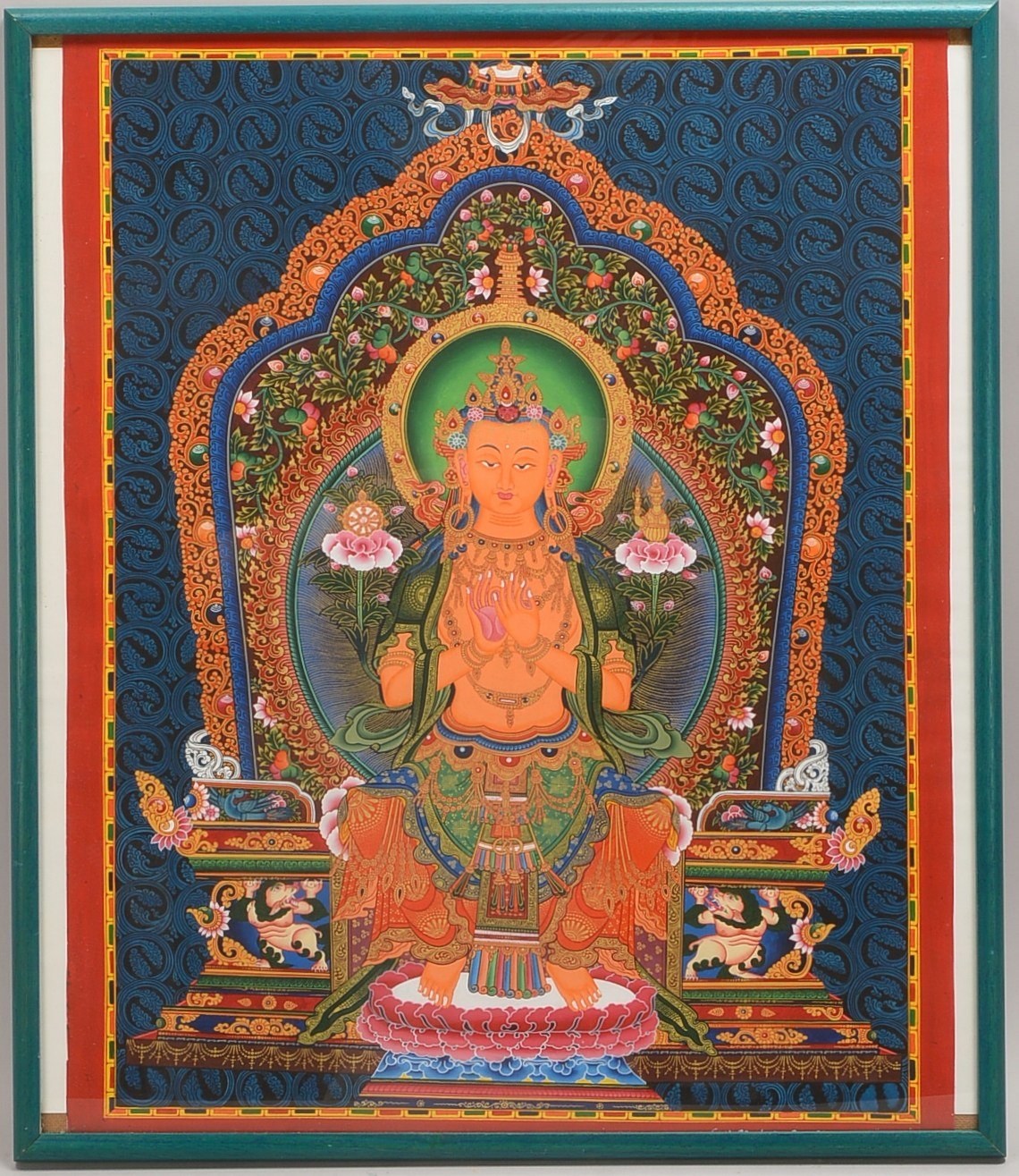 Thangka (Nepal, 20. Jh.), mit hindustischem Motiv, 'Sitzender Buddha auf Thron'