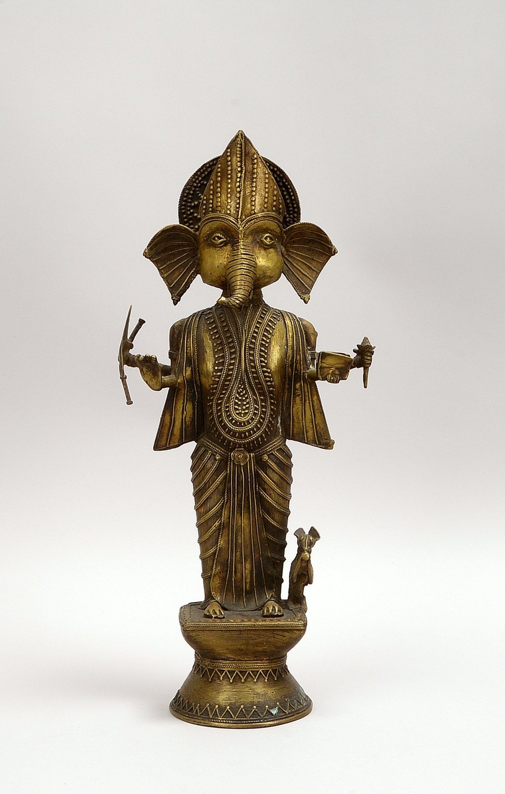 Bronzeskulptur (Indien), 'Ganesha' - mit Handattributen und kl. Rattenskulptur