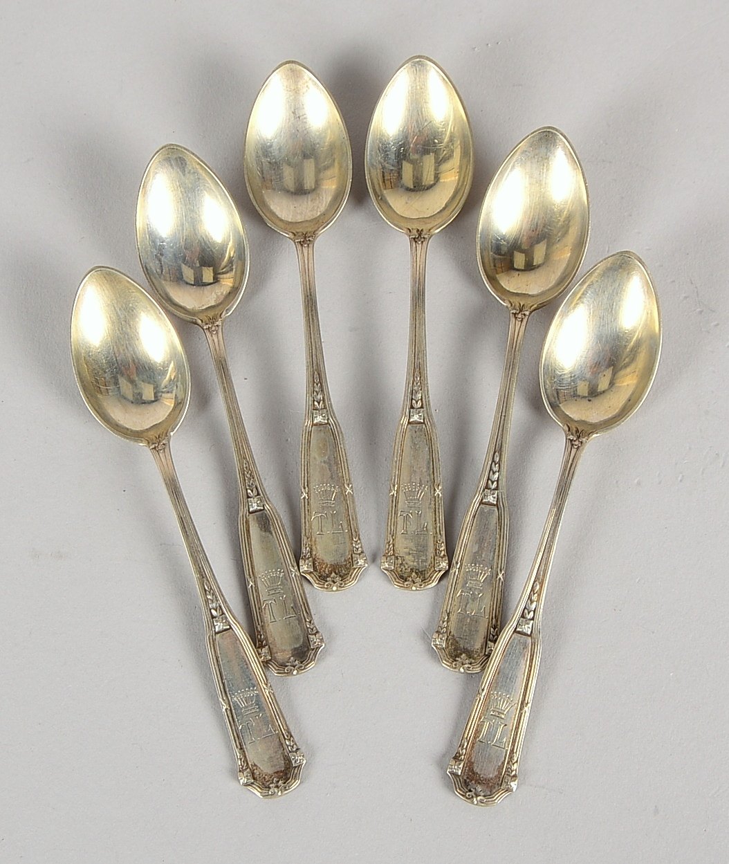 Satz Kaffeelöffel, 800 Silber, mit bekrönter Initialengravur, 6 Stück; Gew. 152 g
