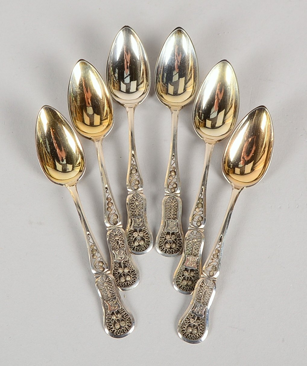 Friesland, Satz Kaffee-/Teelöffel, 800 Silber, filigr. Durchbrucharbeit, 6 Stück; Gew. 115 g