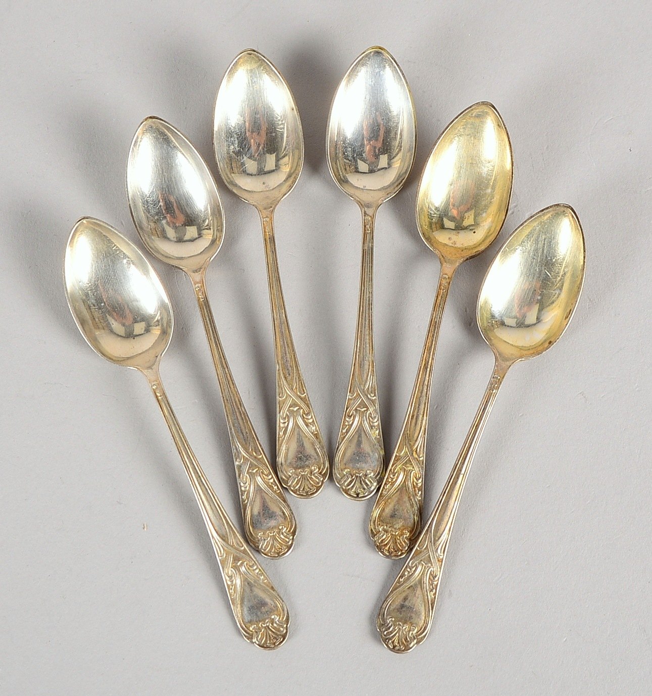 Koch & Bergfeld, Satz Kaffeelöffel, 800 Silber, Jugendstil-Ornamente, 6 Stück; Gew. 118 g