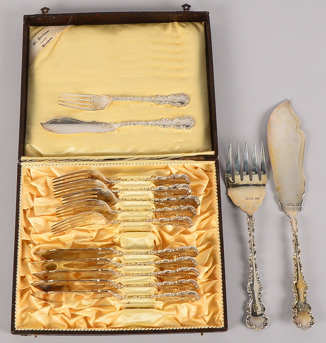 Fischbesteck/2-tlg. Vorlegebesteck, 925 Sterlingsilber, kpl. für 6 Pers.; Gew. 747 g