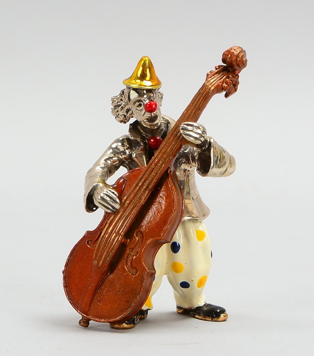 Sorini, Miniatur-Silberfigur, 'Cello spielender Clown', polychrom bemalt; Gew. 172 g