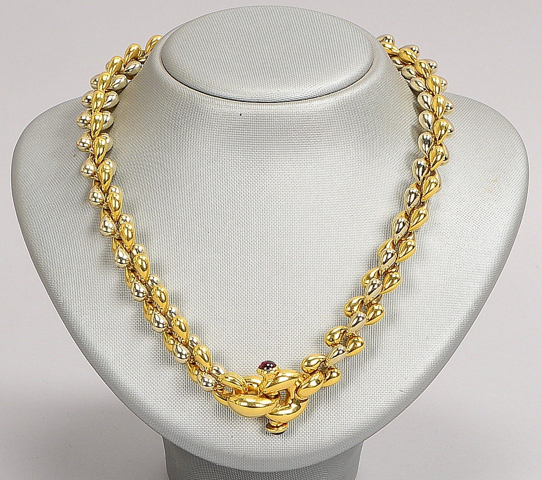 Chiampesan-Collier, 750 GG/WG (gest.), tropfenförmige Glieder, Schließe mit Steinbesatz