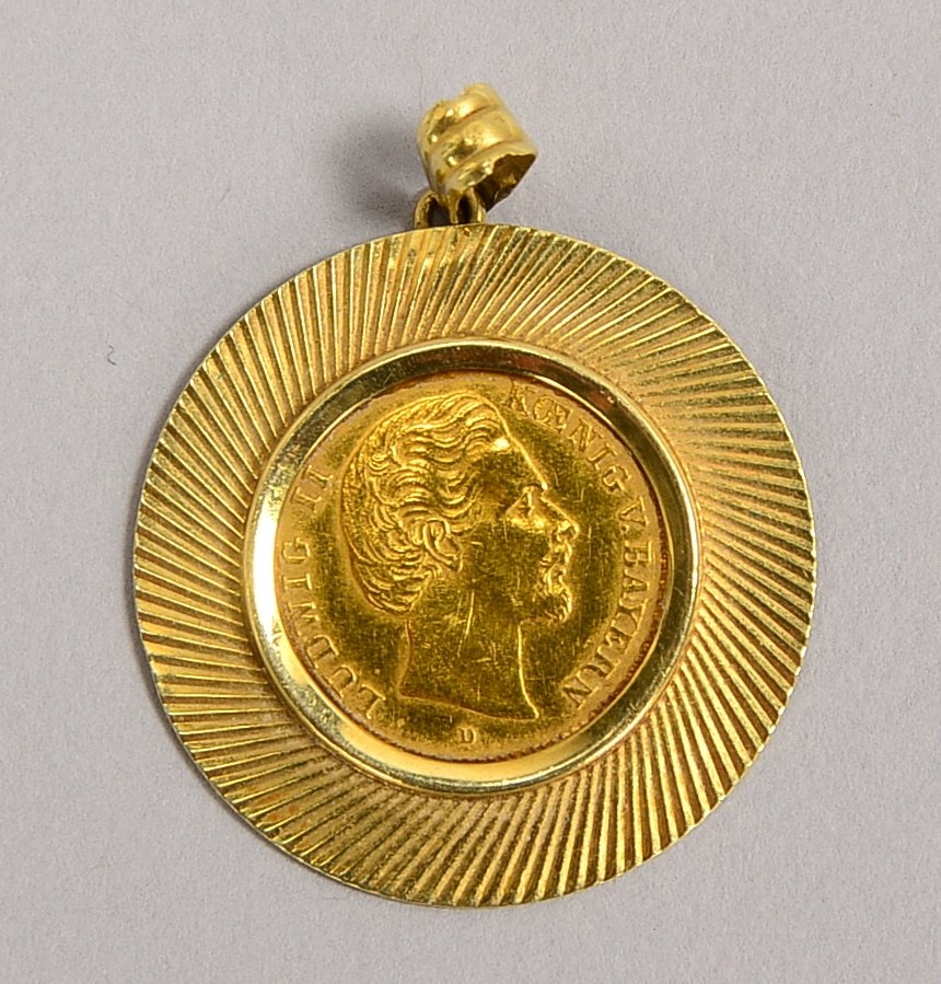 Goldmünze ('DR'), '5 Mark - Kg. Ludwig II, 1877', Gew. 1,99 g; 585 GG-Fassung, Gew. 2,20 g