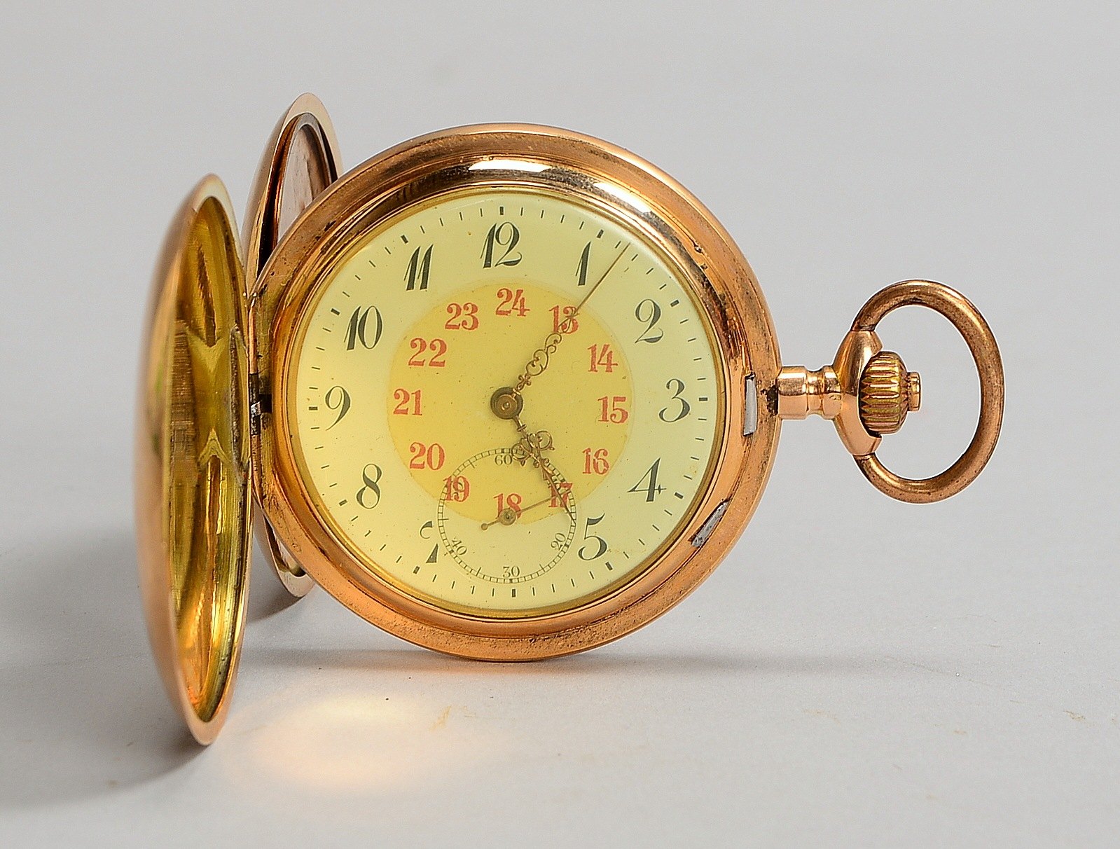 Taschenuhr, 585 GG-Geh./Metall-Staubdeckel, weißes Ziffernblatt, läuft an; Gew. 90,60 g