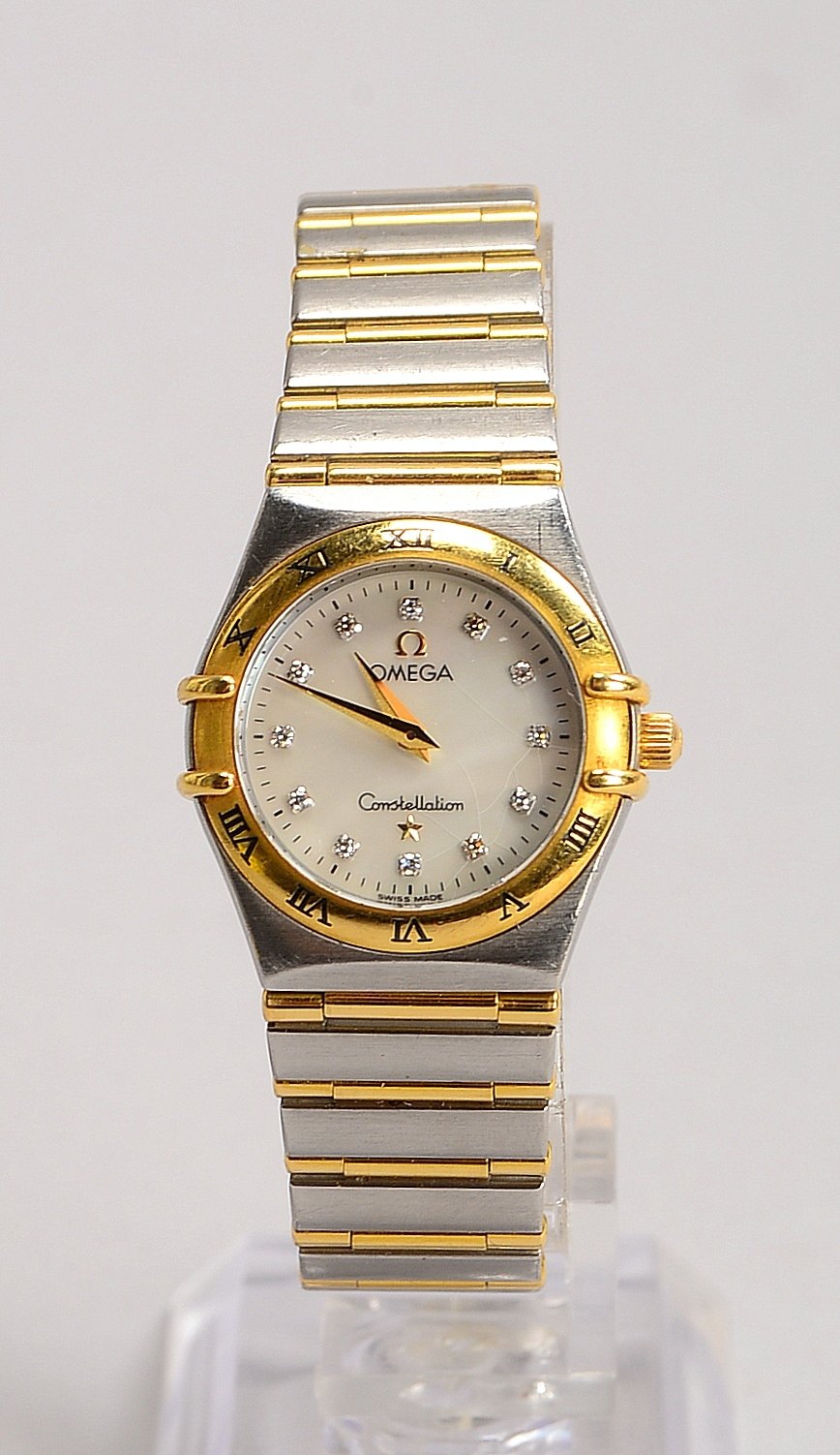 DAU Omega 'Constellation', Quarz, Edelstahl-/750 GG-Geh. und Armband, Diam.