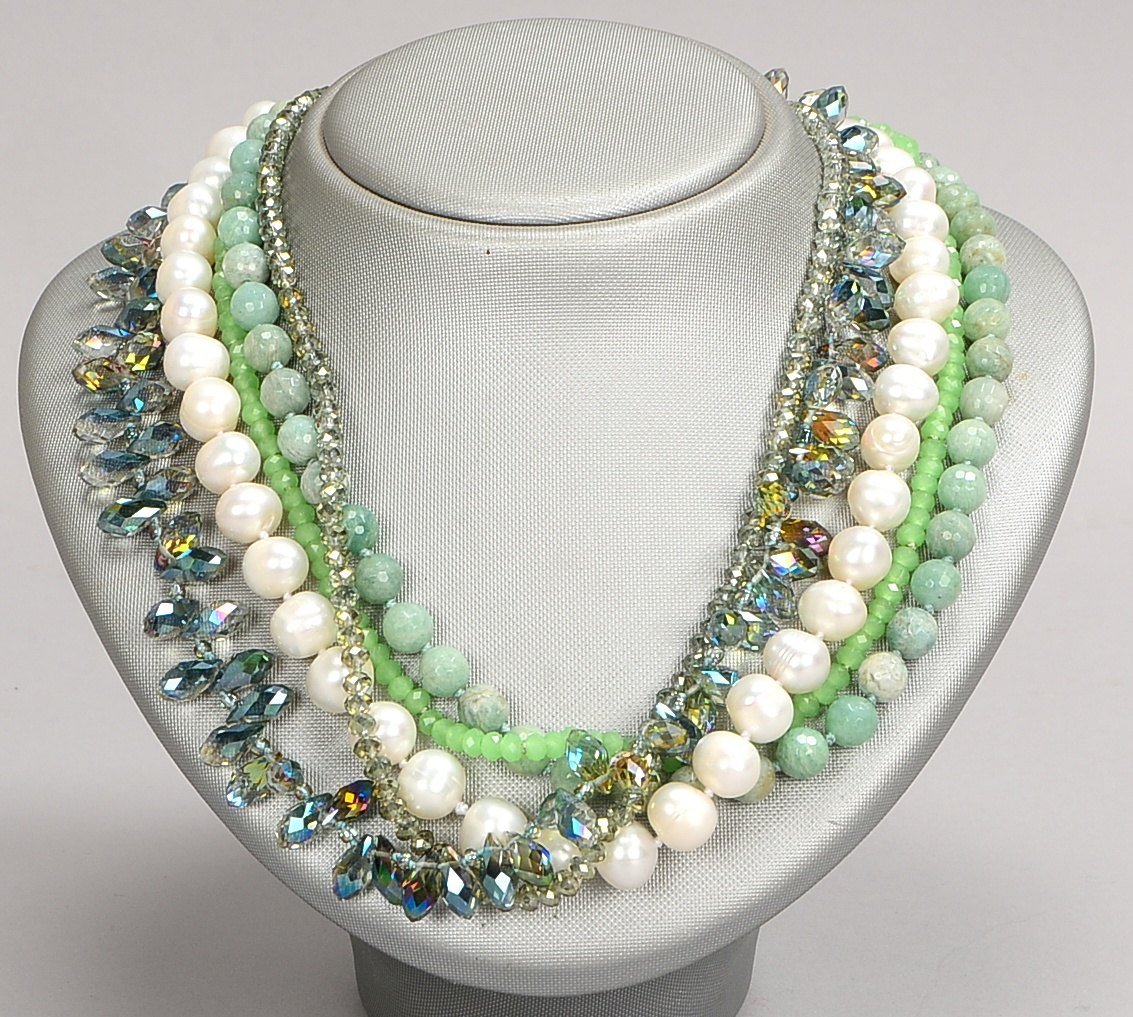 Collier, 5-str., div. Besatz (Perlen, Kristall, Aventurin, Jadeit), 925 Sterlings-Schließe
