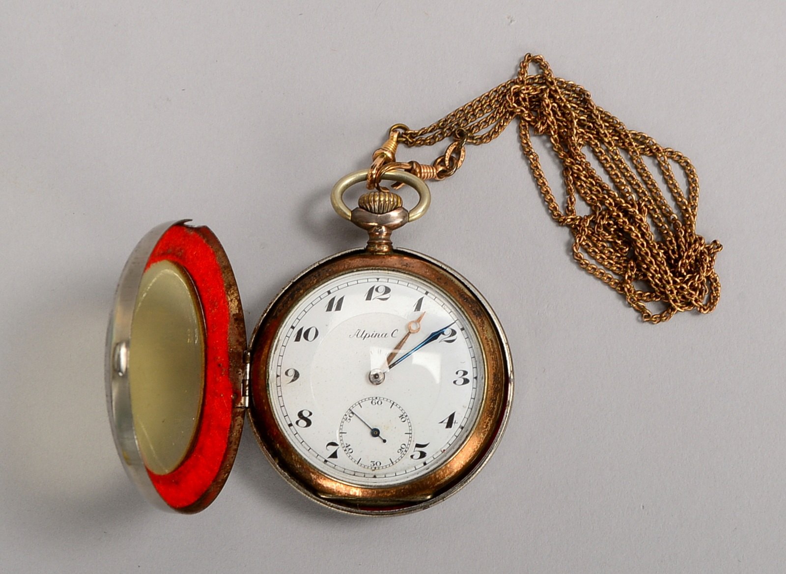 Taschenuhr, Alpina, Silber-Gehäuse, weißes Ziffernblatt - Uhr läuft an; Ø 50 mm