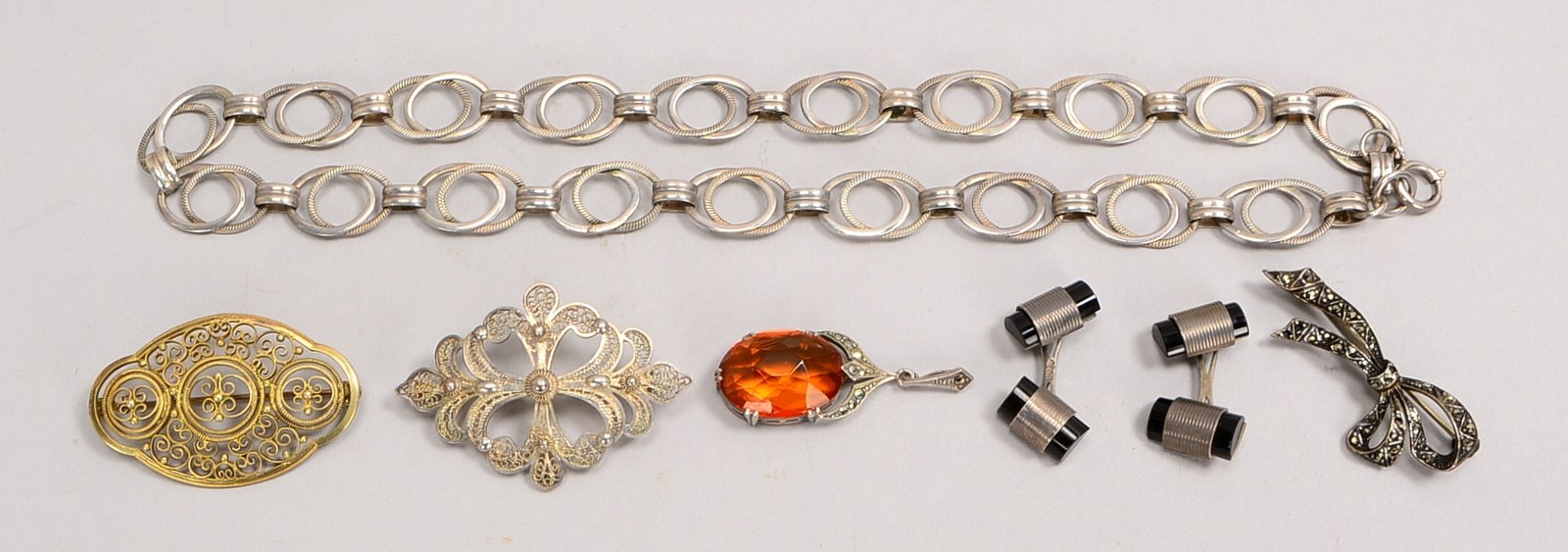 6 Silberschmuck-Teile: Halskette, 3x Broschen, Anh., Manschettenknöpfe; Gew. 45 g