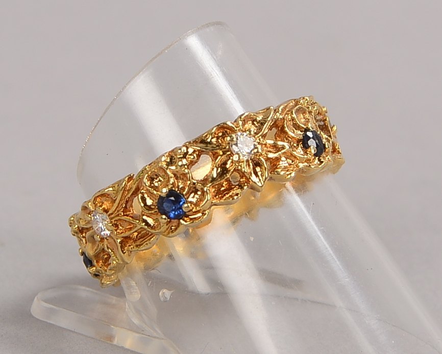 Ring, 585 GG (gest.), mit je 5x Saphiren und 5x Brill./ca. 0,15 ct; RG 58, Gew. 5 g