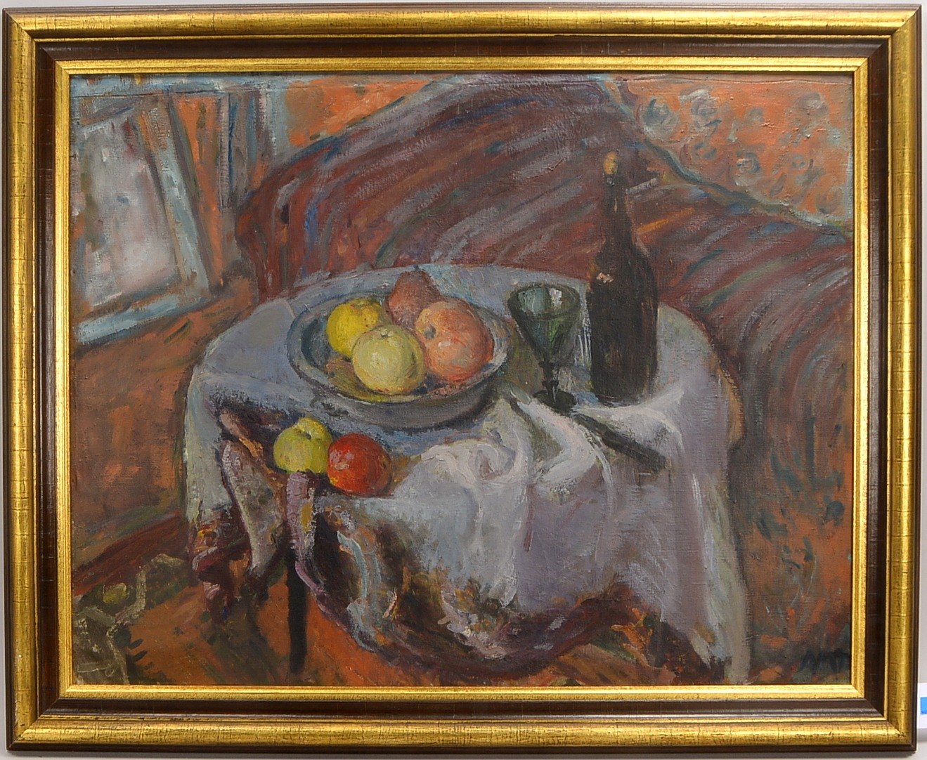 Telmanyi, Anne Marie, 'Tischstillleben mit Obst und Wein', Öl/Lw, monogr.
