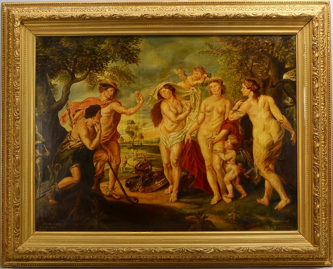 Gemälde (cop. nach P.P. Rubens), 'Urteil des Paris', Öl/Lw, sign./Widmung, im Prunkrahmen