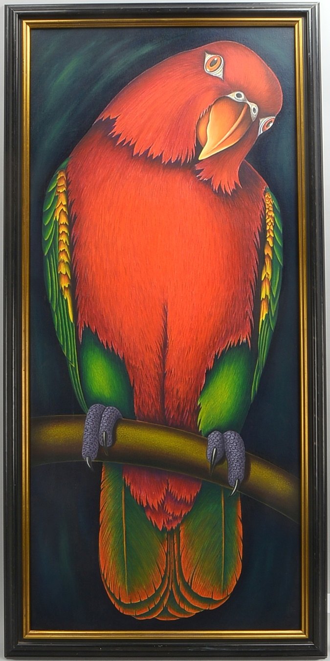 Kühn, Volker, 'Papagei I', Öl/Lw, auf Holz kaschiert, verso sign.; Rahmenmaße 139 x 68 cm